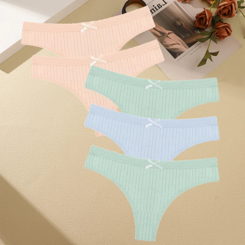 Women's Cotton Bow Tie Underwear 5-Pack - Ribbed Striped Low Waist Thongs