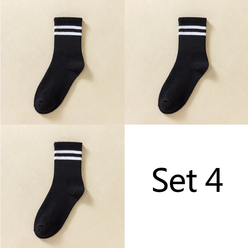 3 Striped Cotton Socks - Unisex Streetwear Casual Knitted Socks