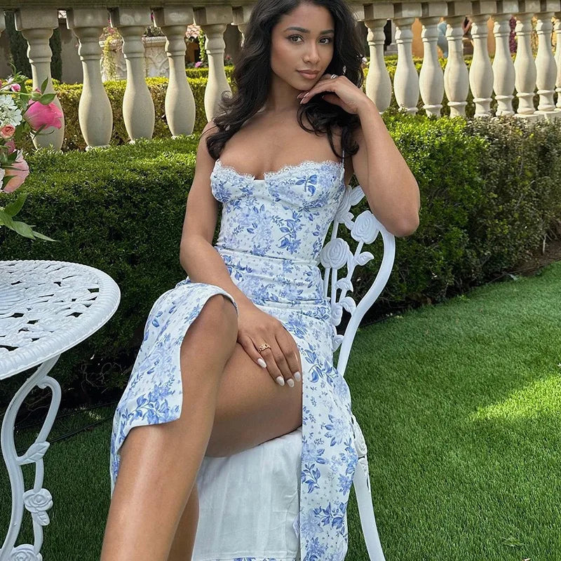 Women Lace Dress- Midi Backless Slit Summer Elegant Floral Dress