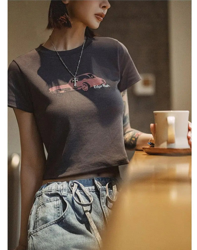 Women's Vintage Racing Print Crop Top - Y2K Style Short Sleeve Tee
