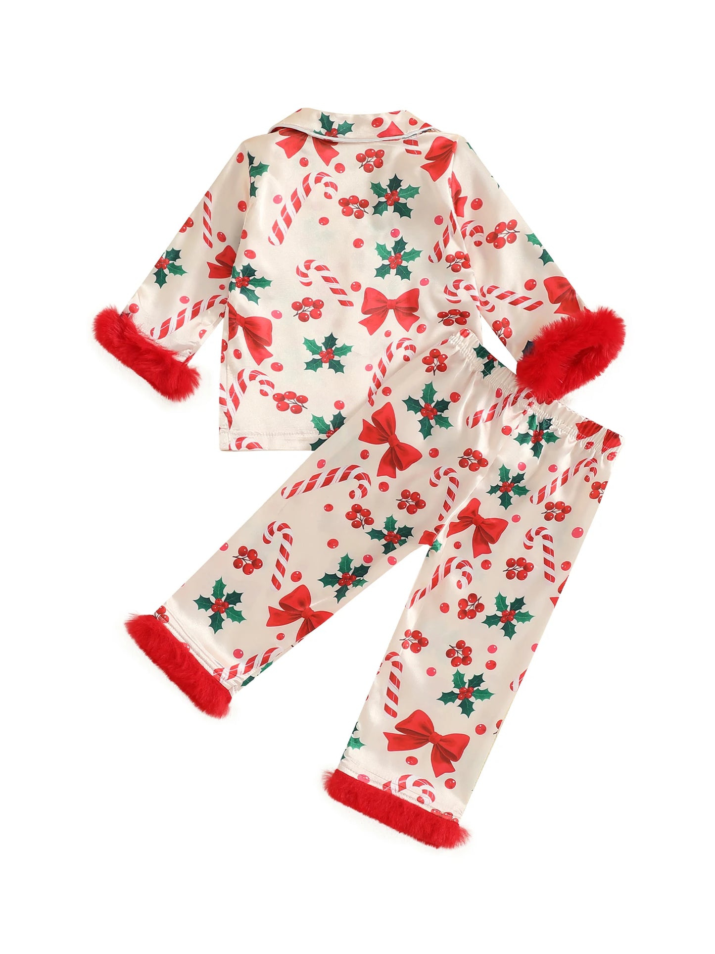 Kids Girls Christmas Satin Pyjamas Set - Candy Cane Bow Print Button Down Top & Pants (0-7Y)