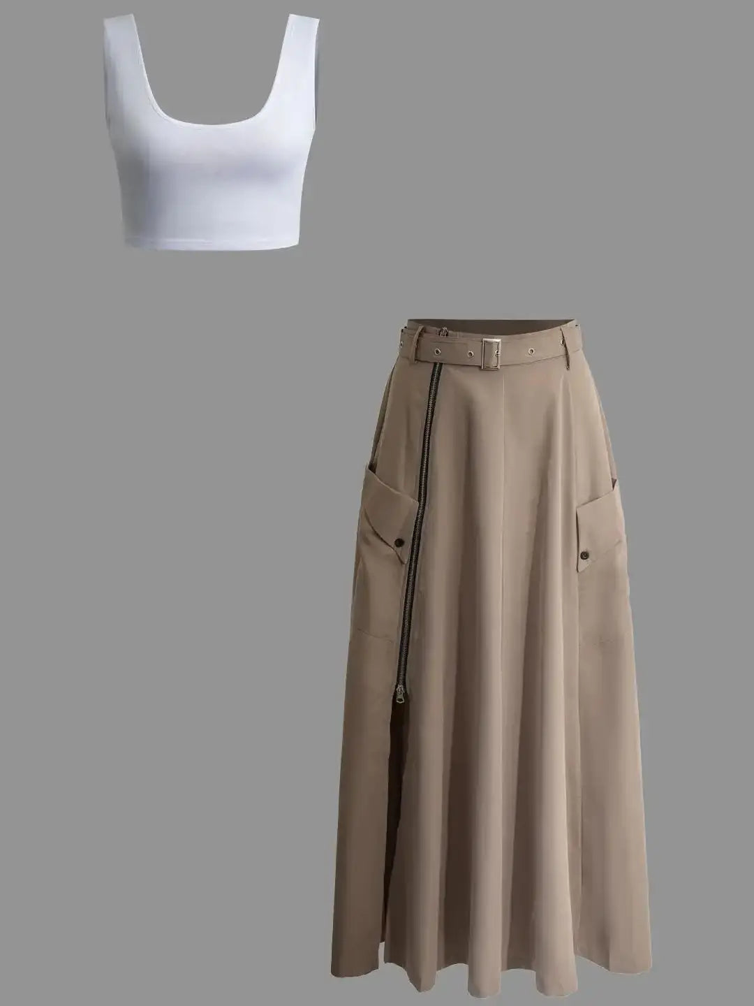 Women's Sleeveless Slit Two Piece Set - High Waist Long Skirt and Vest Bra