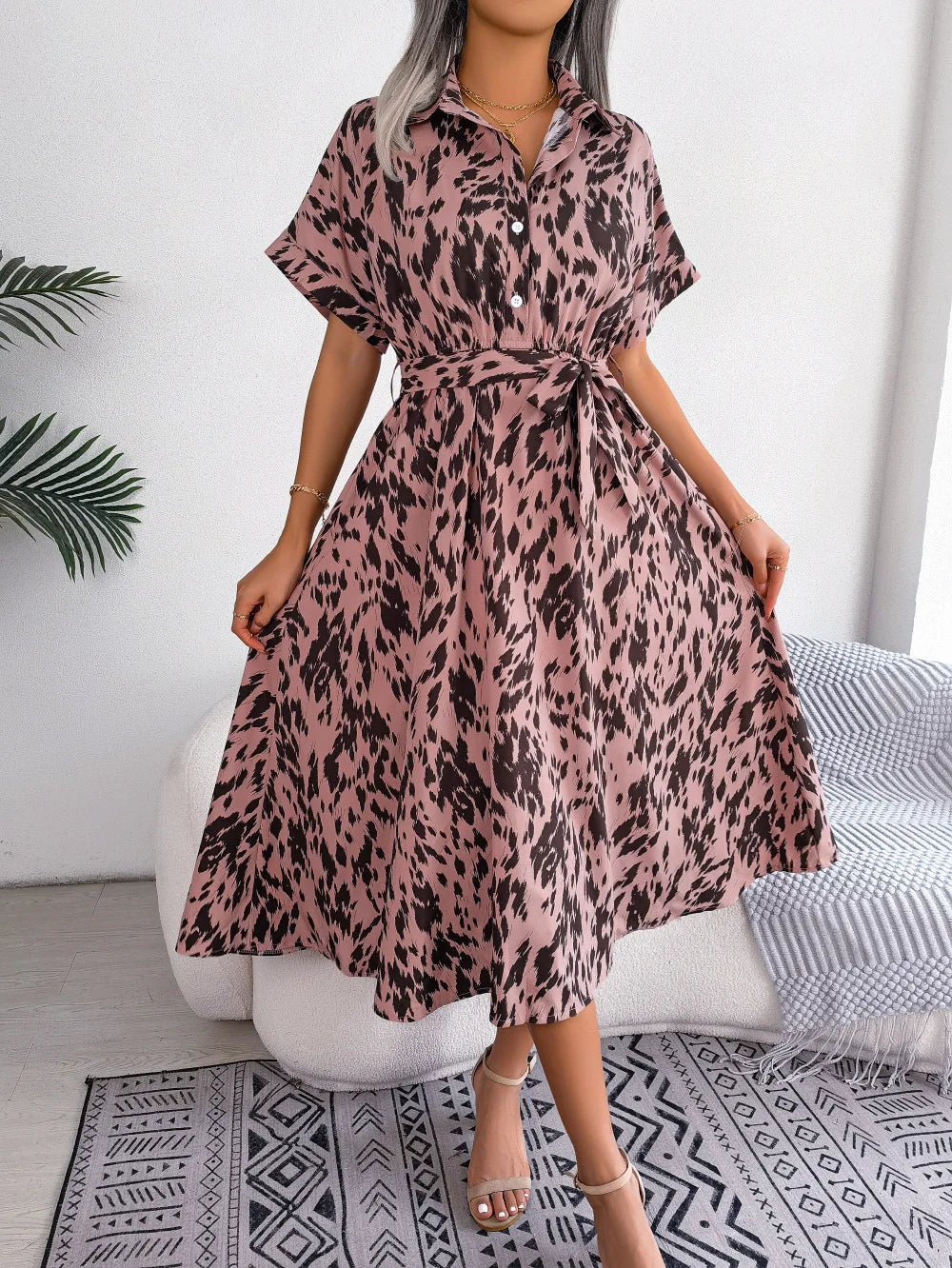 Women's Summer Casual Loose Leopard Lace Up Shirt Chic Dress