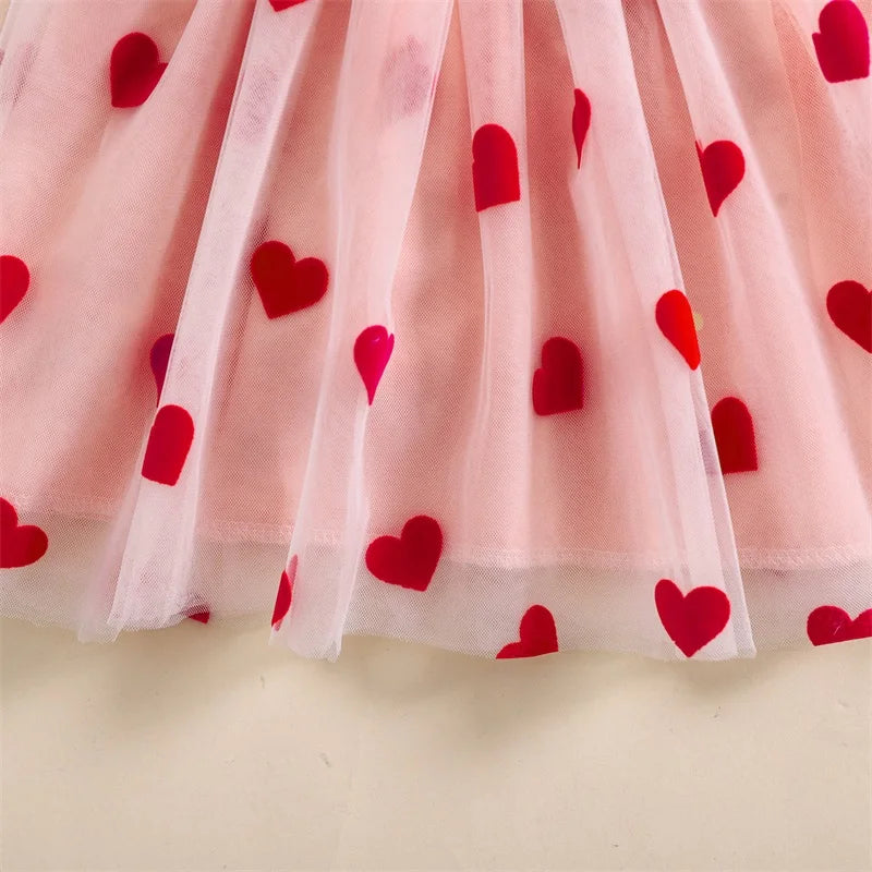 Little Girls' Princess Tulle Dress - Heart Print Ruffles 3D Bow Mesh Tutu