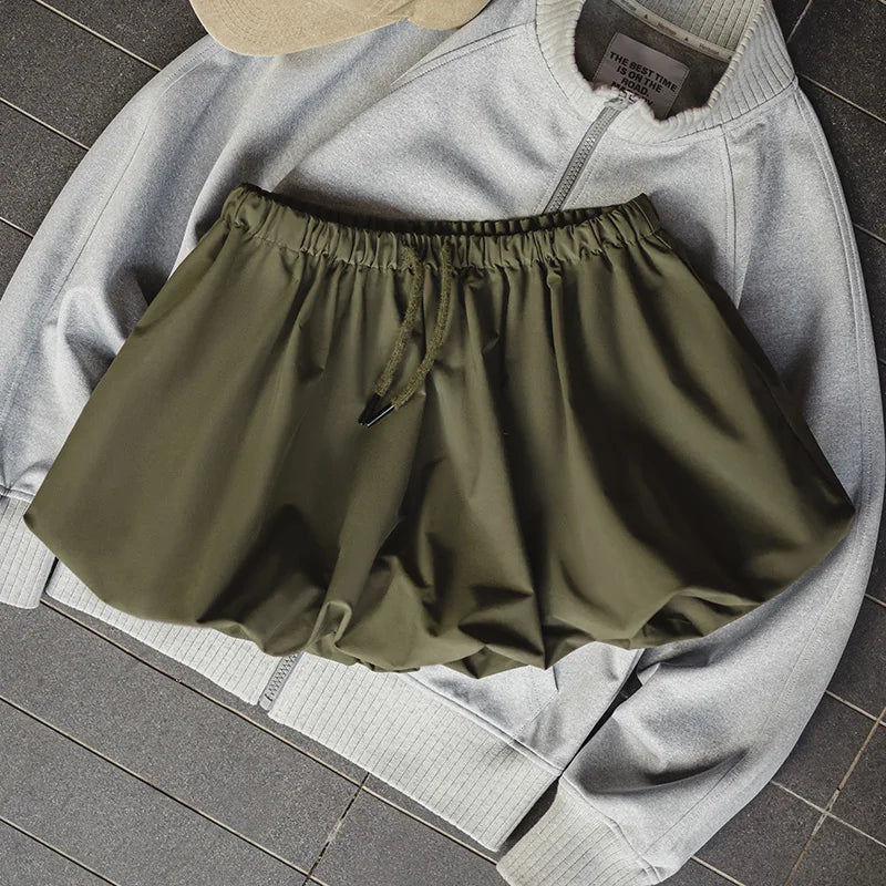 Women's Casual Green Bubble Hem Mini Summer Drawstring Waist Lantern A-Line Versatile Floral Petal Short Skirt