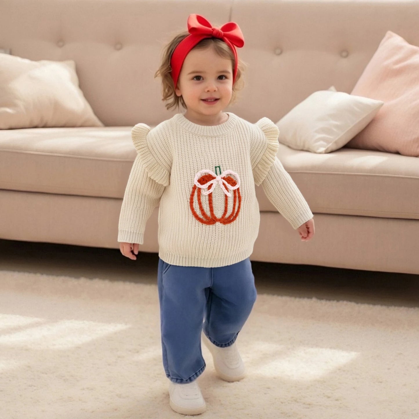 Baby Fall Sweater - Bow Pumpkin Embroidery Round Neck Knit Pullover
