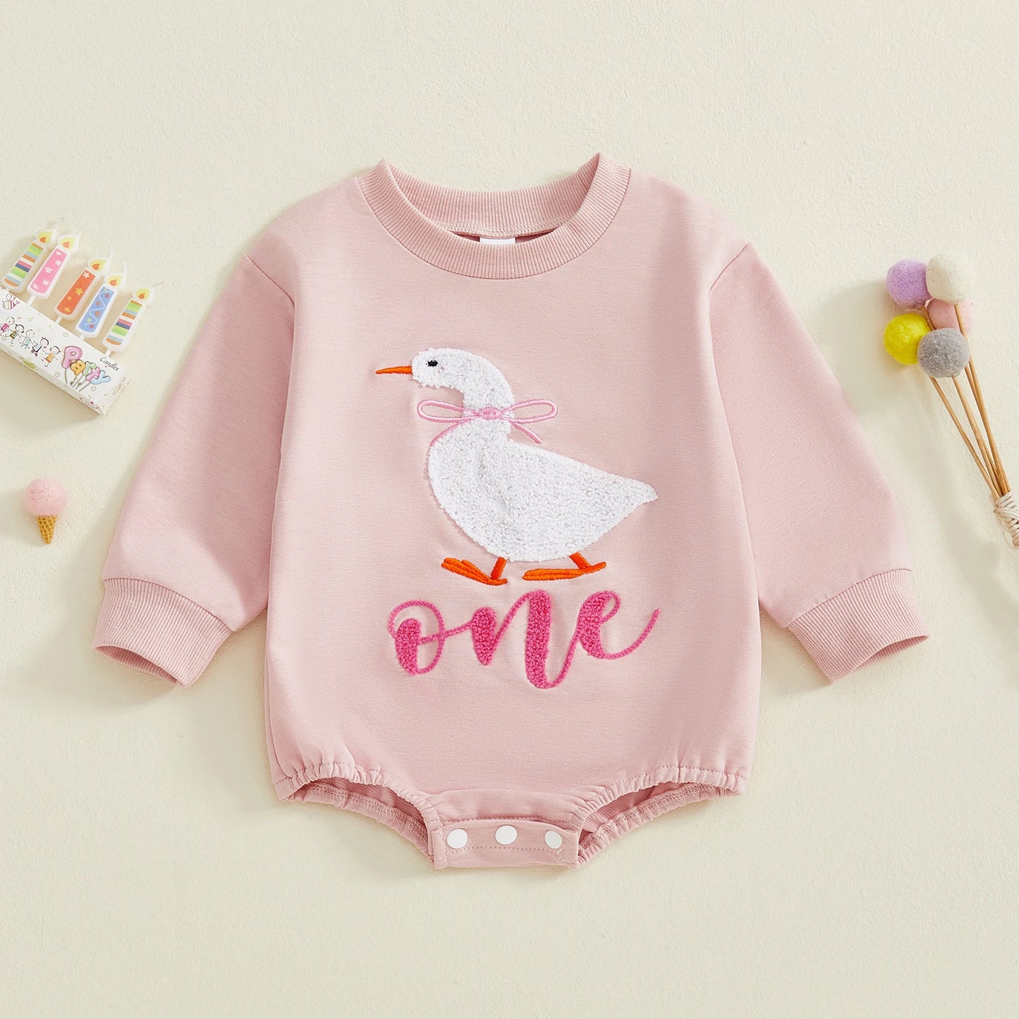 Newborn Baby Birthday Romper - Goose Letter Embroidery Long Sleeve Bubble Jumpsuit