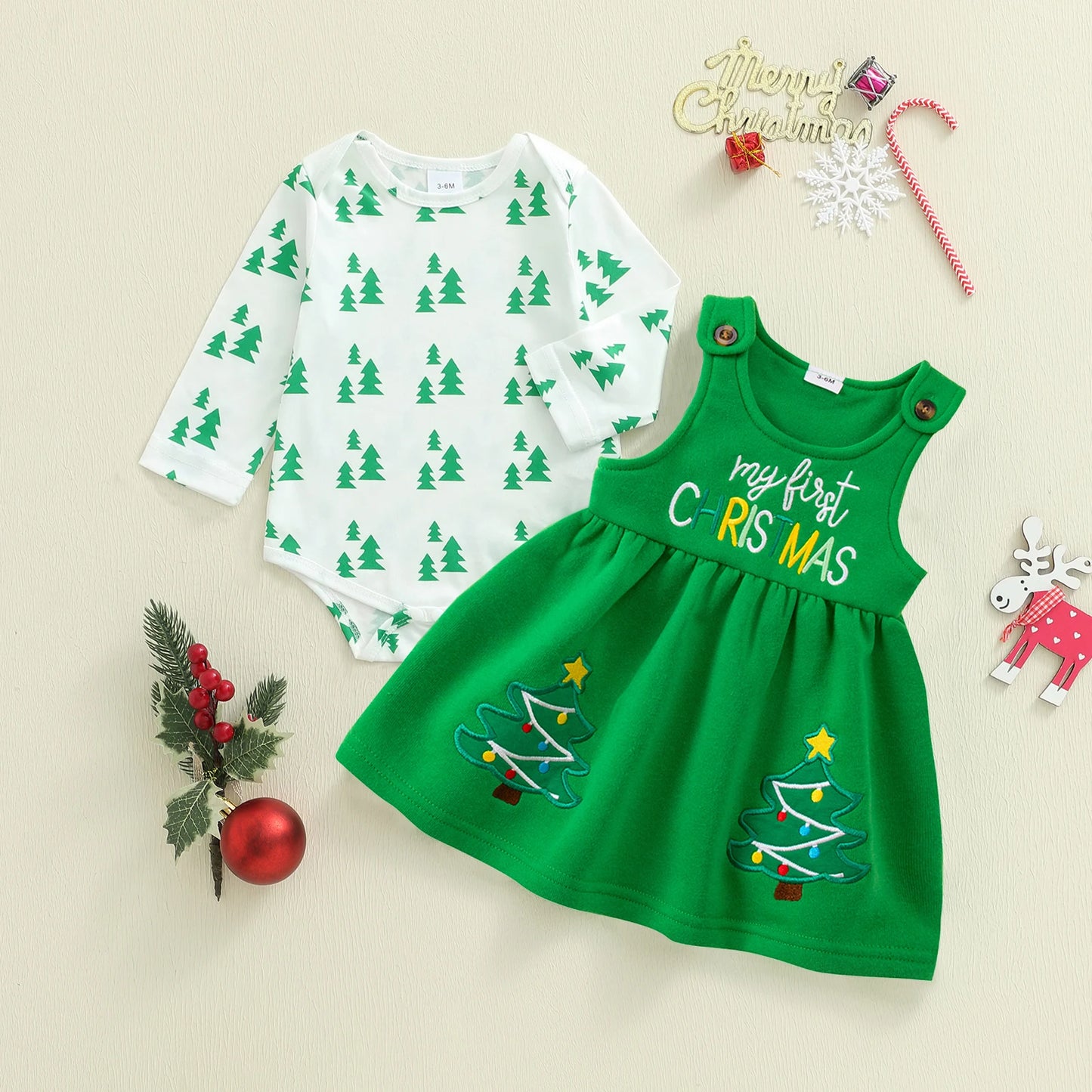 Baby Girls Christmas Clothes Set - Xmas Tree Print Long Sleeve Romper & Letter Embroidery Sleeveless Dress