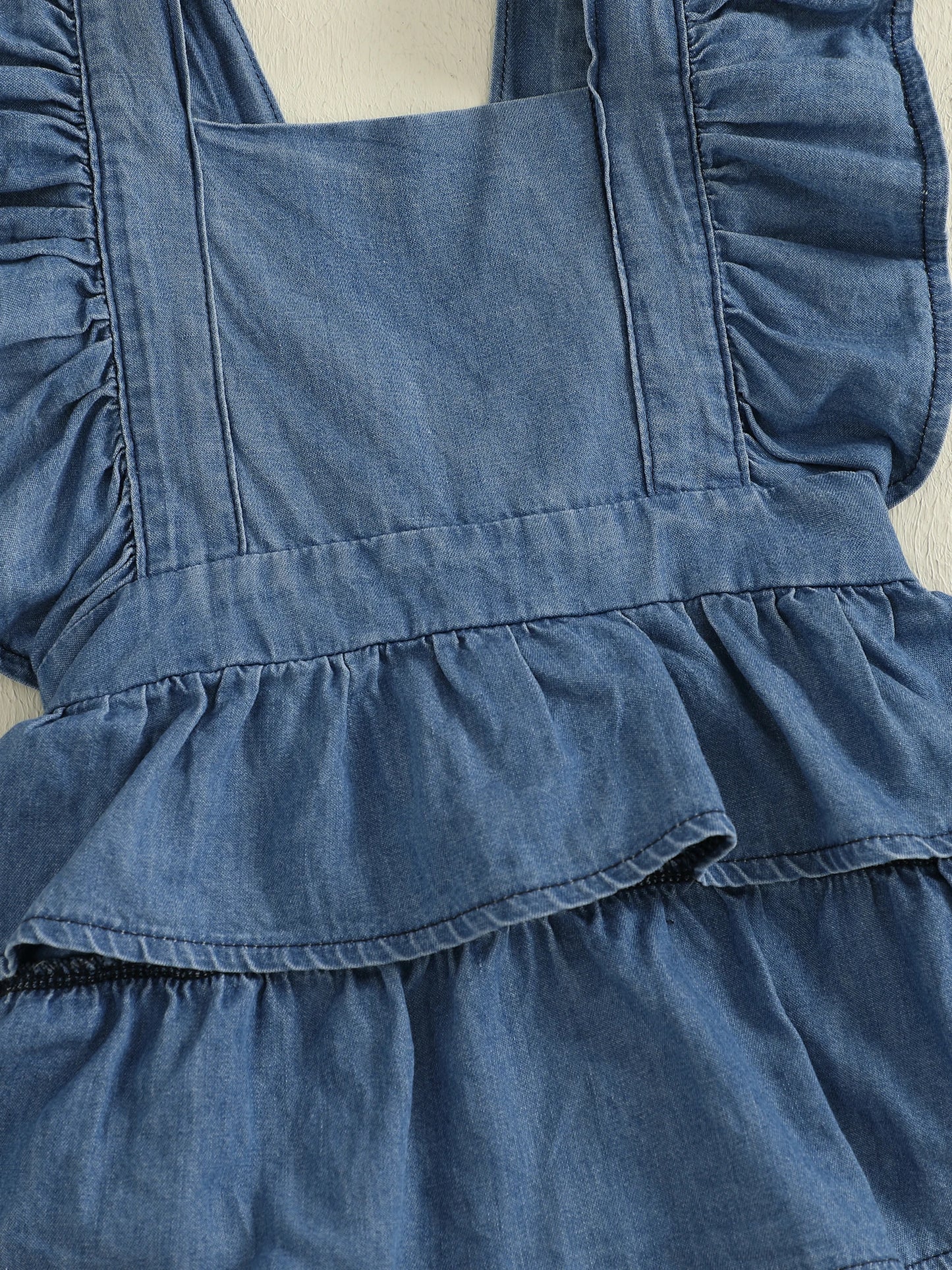 Baby Girls Denim Romper Dress Set - Ruffles Fly Sleeve Layered Jumpsuit with Bowknot Hairband