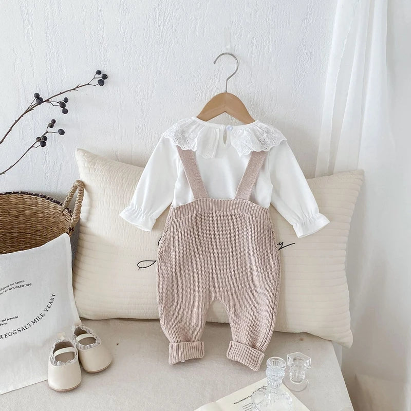 0-3Y Baby Boys Girls Overalls Jumpsuits Sleeveless Front Pocket Solid Colour Knitted Romper Outfit