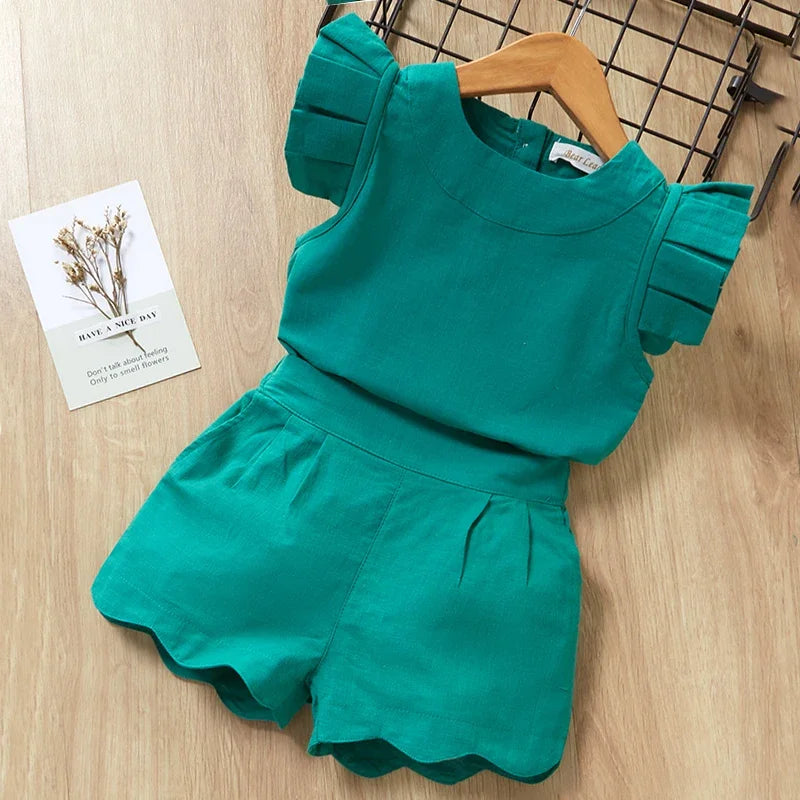 Girls Summer Feather Outfit Set - Sleeveless Top & Bandage Shorts