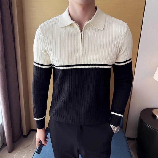 Men's Autumn Winter Polo Collar Sweater - Patchwork Knit Pullover