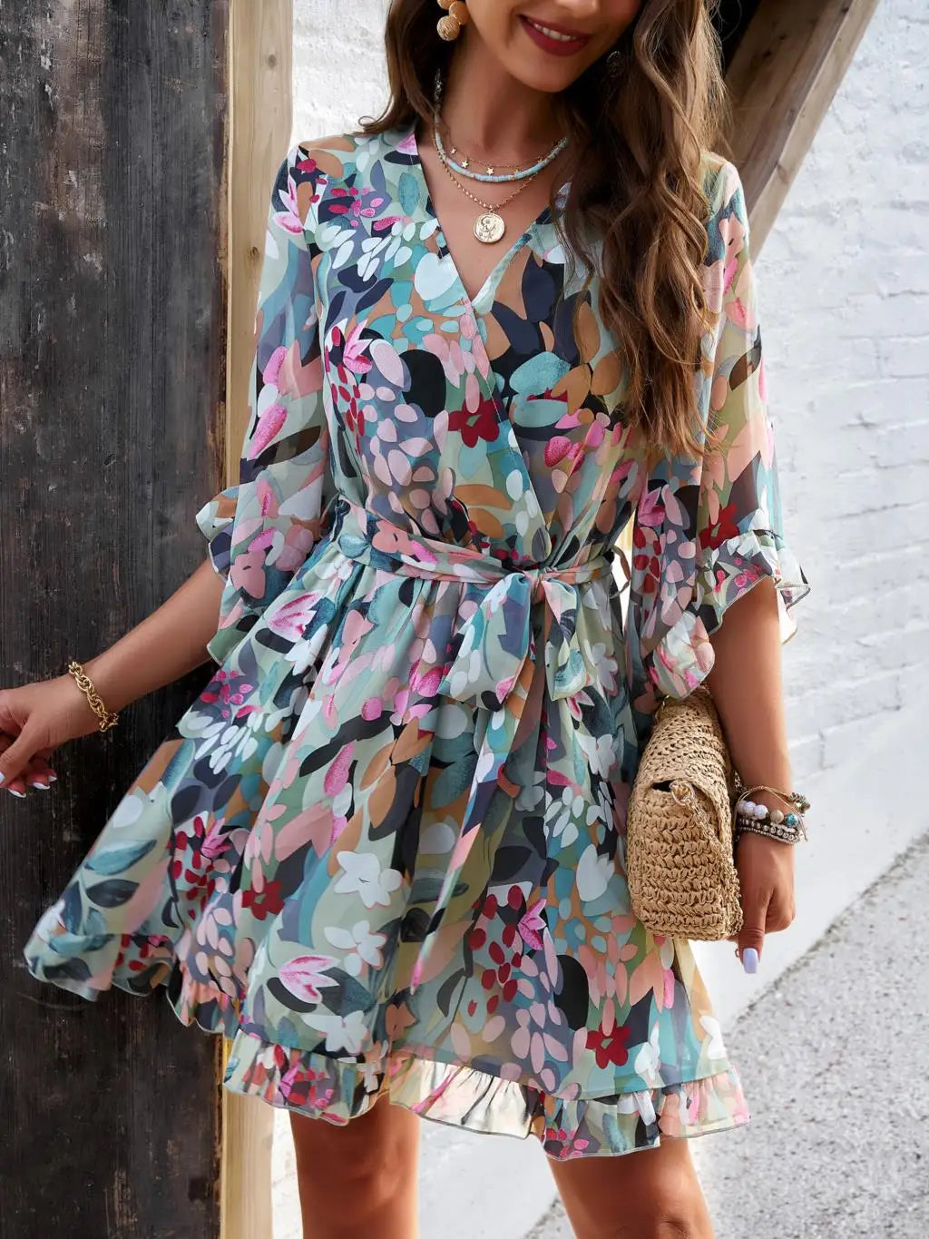 Women's Autumn Winter Half Sleeve Flower Print Elegant V-neck Casual A-Line Knee-Length High Waist Dress