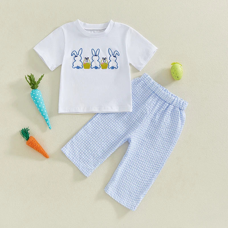 0-4Y Toddler Kids Boys Easter Clothes Sets Short Sleeve Rabbit Embroidery T Shirts Plaid/Striped Pants Set