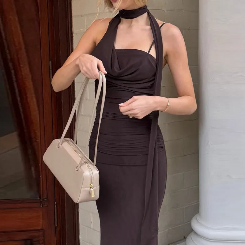 Women's Elegant Neck Scarf Ruched Backless Maxi Dress - Slip Gown
