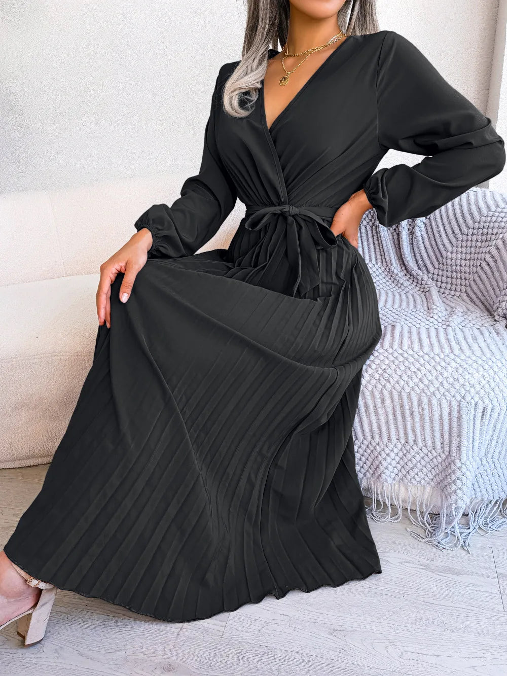 Women's Spring Summer Cross V Neck Large Hem Pleated Long Dress