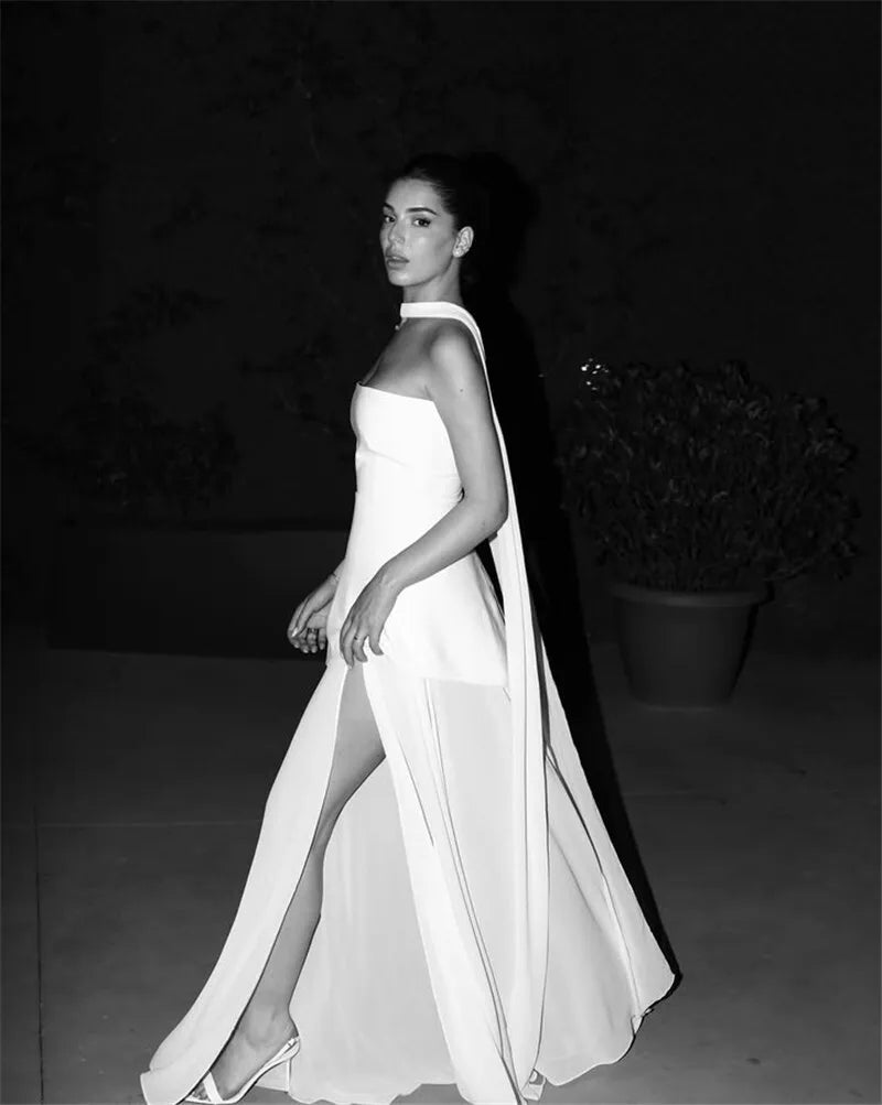 Women's Elegant Strapless Maxi Gown With Scarf Off-shoulder Sleeveless Backless Split Beach Long Dress