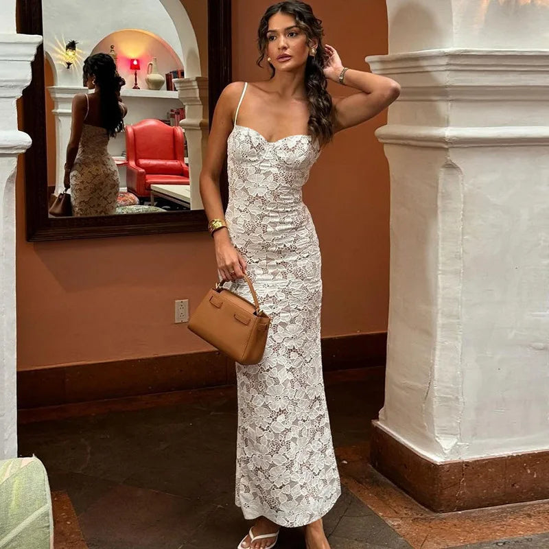 Women's Elegant Slip Lace Hollow Out Maxi Party Club Backless Bodycon Dress
