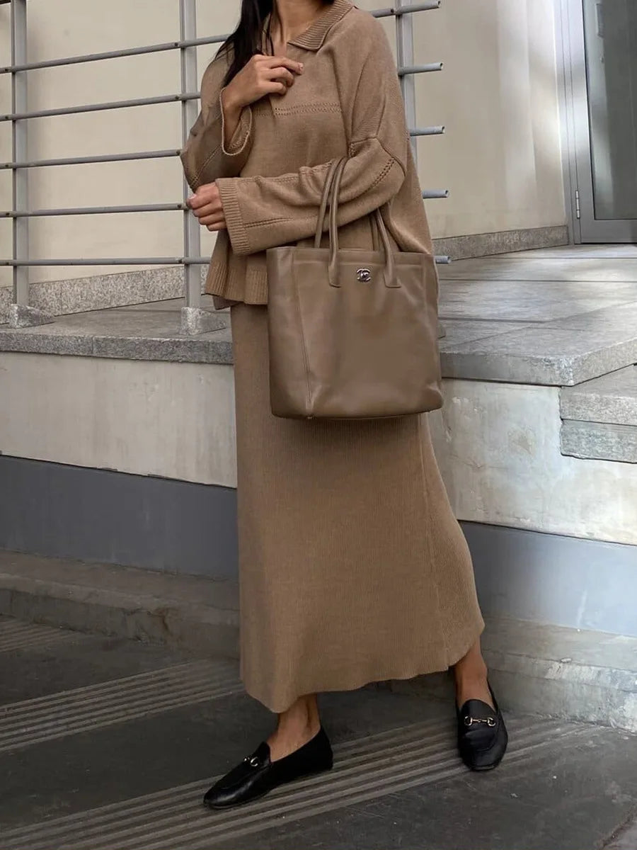 Women's Loose Sweater V-Neck Knit Pullover Top and Long High Waist Skirt 2 Piece Set