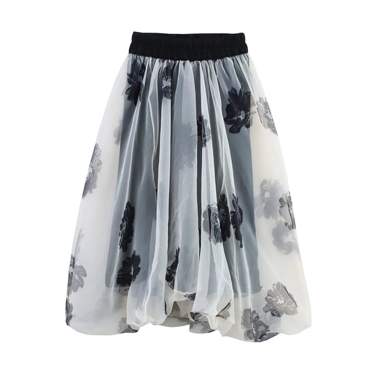 Women's European American Style Printed Transparent Hard Yarn Skirt - Slim Fit Summer