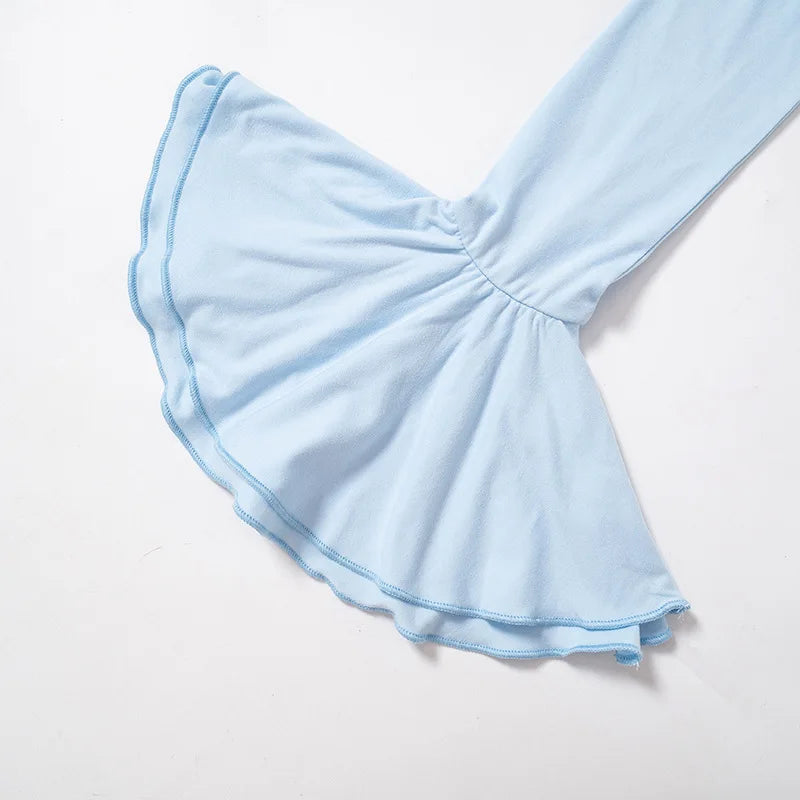 Women's Elegant Frill Ruffle Detail Flare Sleeve Tops Low Plunge Neck Slim Tie Back Cropped Top