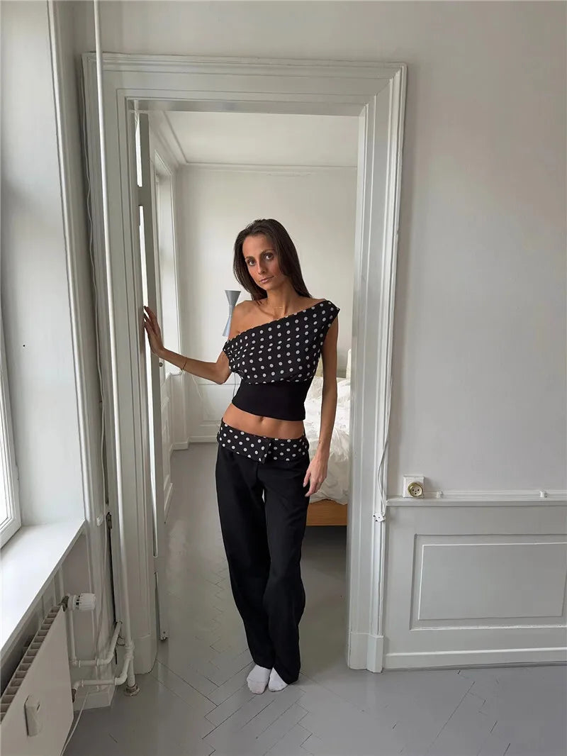 Women's Backless Polka Dot Crop Top Summer New Oblique Shoulder Sleeveless Tank Top