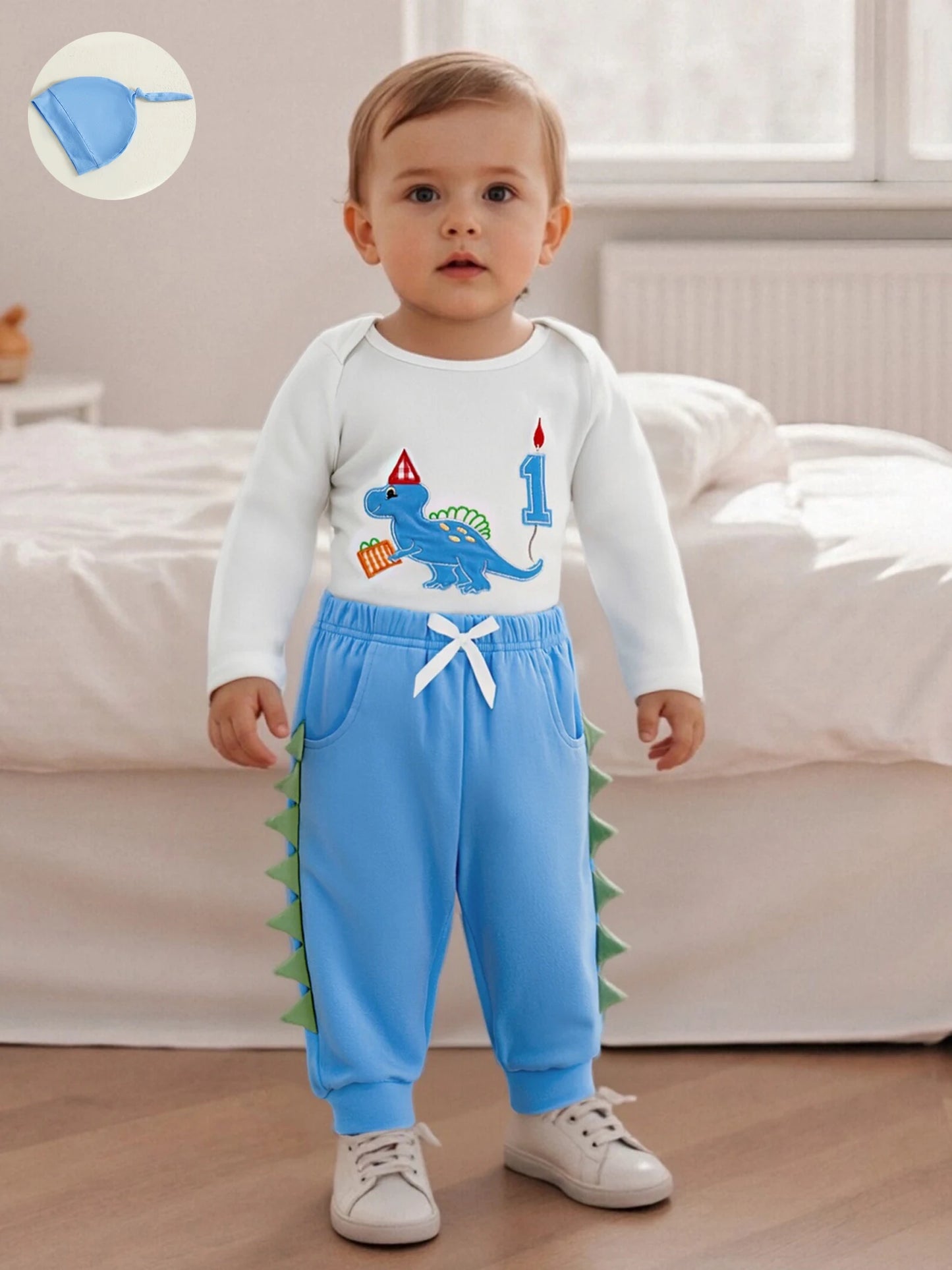 Newborn Baby Boys Birthday Clothing Set - Dinosaur Embroidery Romper, Pants & Hat 3-Piece (0-18M)