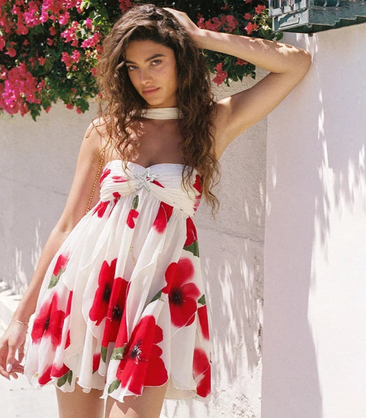 Women's Summer Halter Floral Mesh Mini Dress - Strapless Backless Holiday Dress