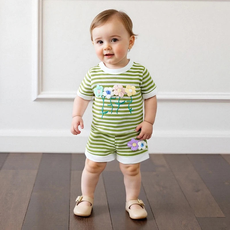 0-6Y Kids Girls Summer Clothes Sets Short Sleeve O Neck Flower Embroidery Striped T Shirts and Drawstring Shorts