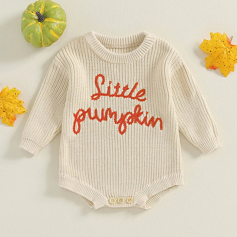 Baby Pumpkin Knit Romper - Long Sleeve Halloween Jumpsuit (0-18M)