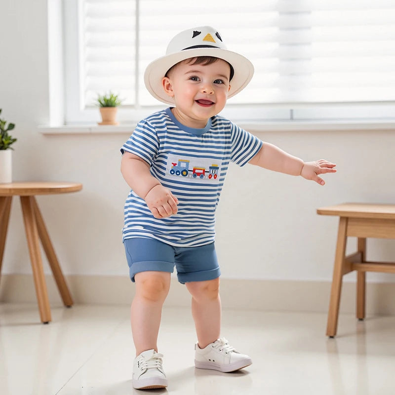 Summer Baby Boys Car Embroidery Outfit Set - Stripe Print T-Shirt & Elastic Waist Shorts (2-Piece)