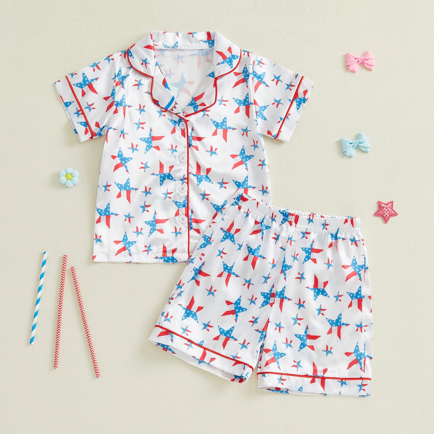 0-6Y Summer Kids Girls Pyjamas Clothes Set Summer Star/Bow Print Button up Short Sleeves Shirt with Elastic Shorts