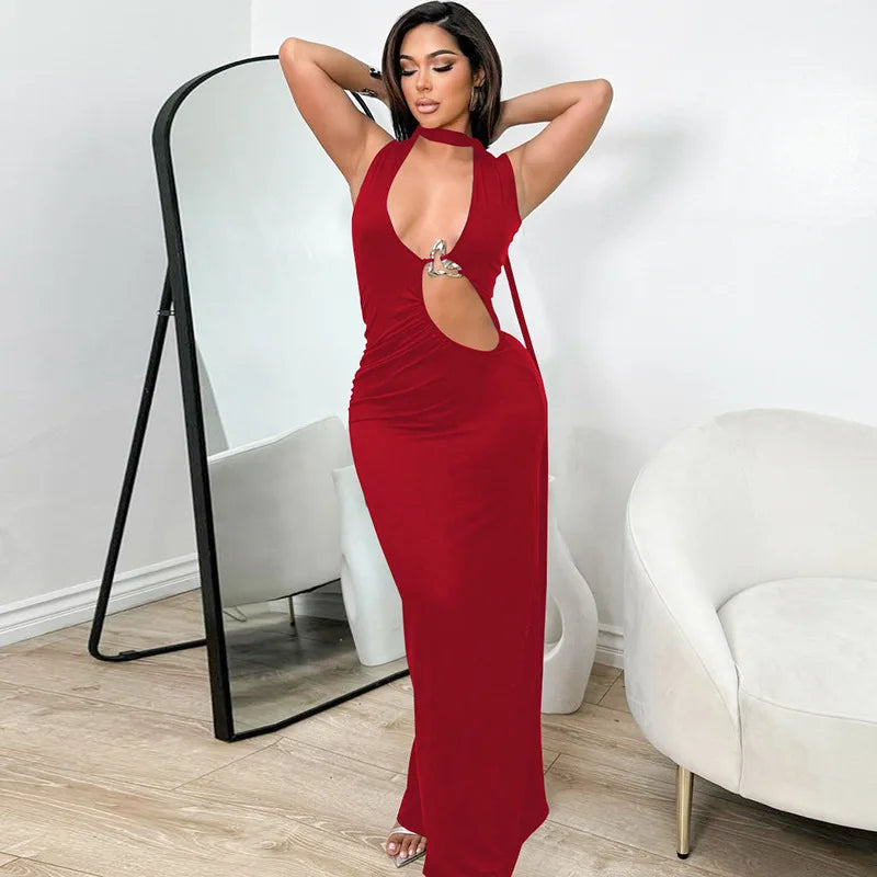 Women's Embellished Plunge Halter V Neck Maxi Outfit Club Party Cut Out Bodycon Dress
