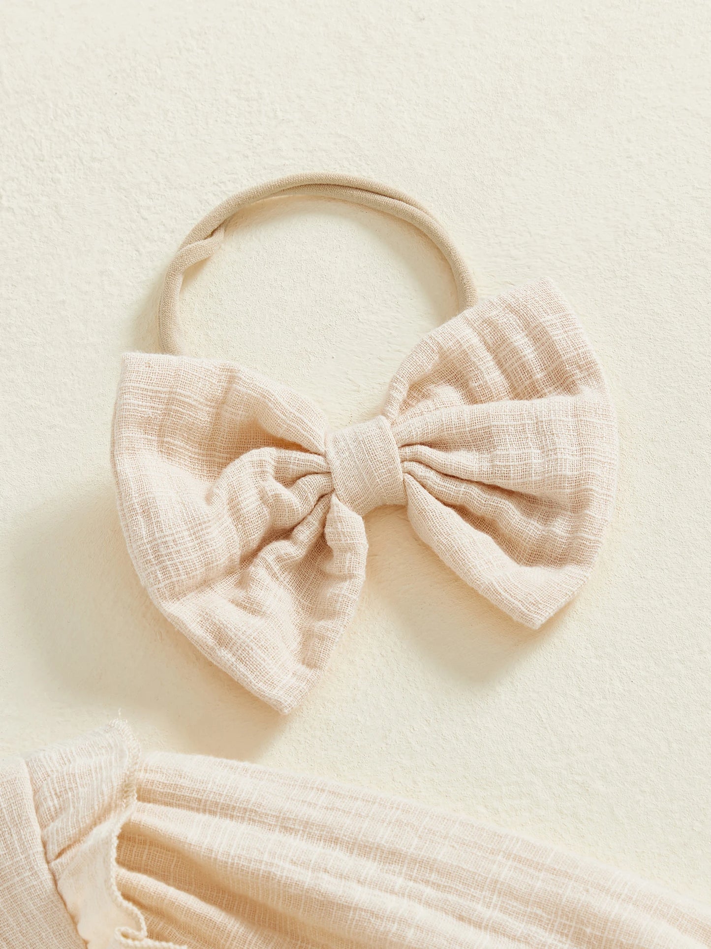 Baby Girls Fall Romper - Solid Color Long Sleeve Round Neck Ruffled Jumpsuit with Bow Headband