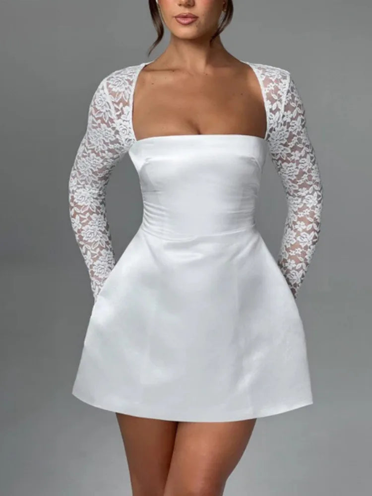 Women's Lace Long Sleeve Mini Square Collar Backless A-line High Waist Party Dress