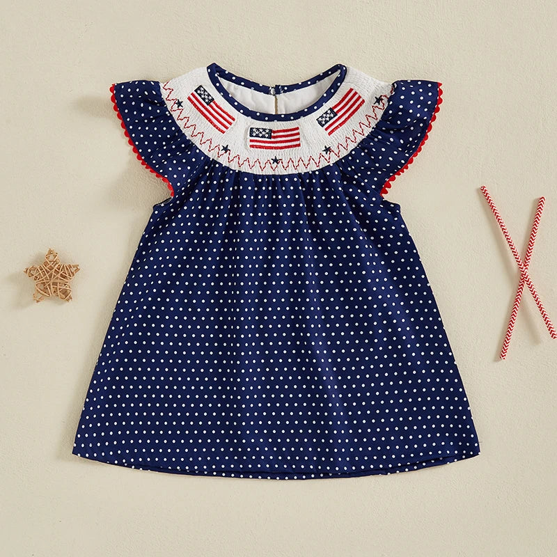 Kids Girls Dress 0-5Y USA Flag Embroidery Dot/Plaid Print Short Sleeve A-Line Dress