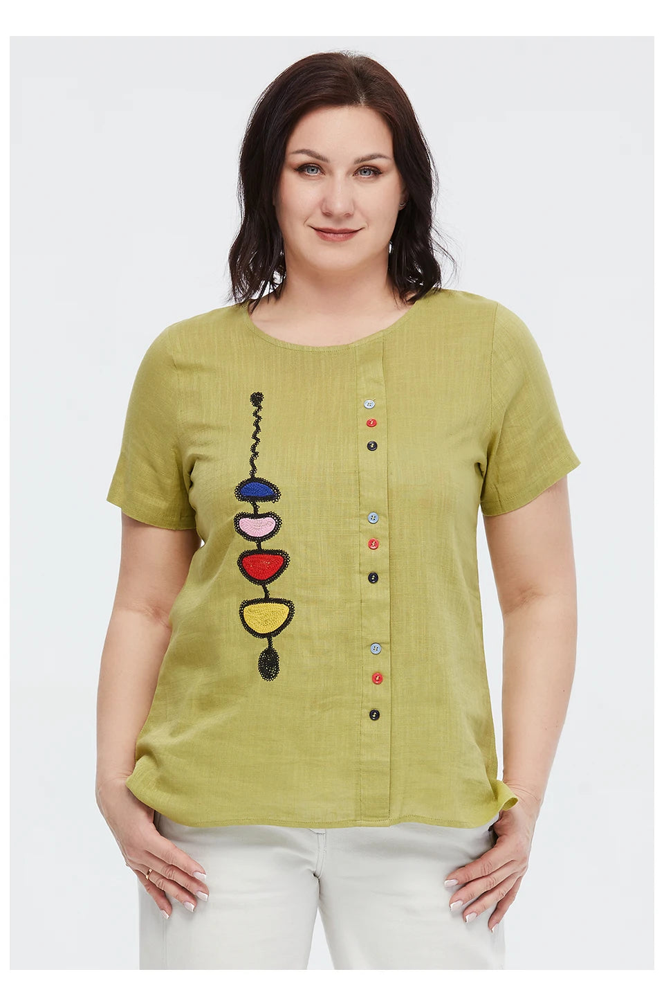 Women's Summer Cotton Linen Oversized Short Sleeve Sequins Button Top