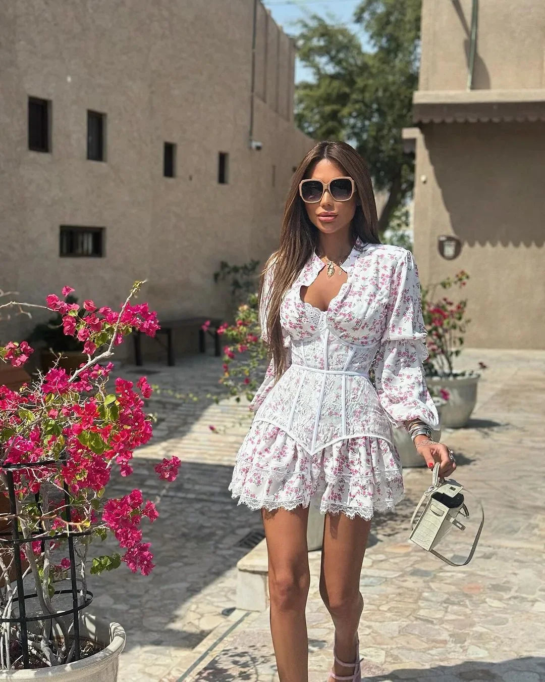 Women's V-Neck Printed Mini Lace Ruffled High Waist Long Sleeve Splice Contrast Slim Fit Bandage Dress
