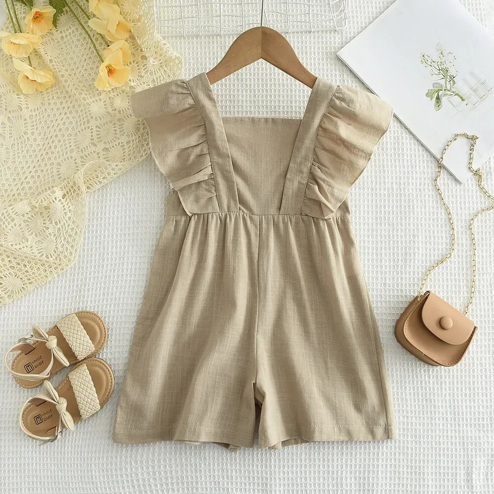 Girl's Summer Cotton One-Pieces Adjustable Flying Sleeves Shorts Jumpsuits