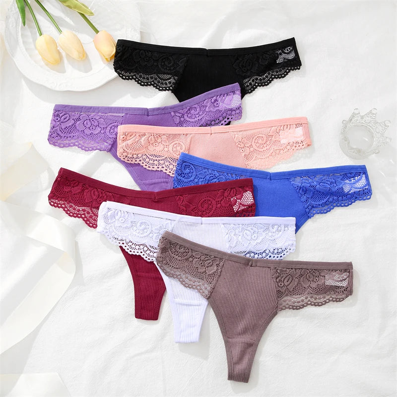 Cotton Lace Thongs - 3 Pack Low Waist Bikini Panties