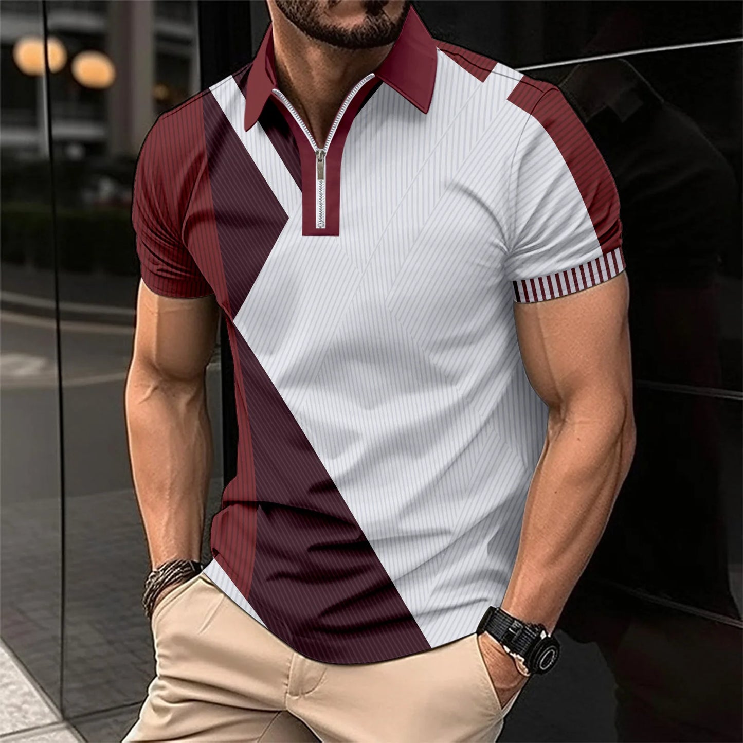 Men's Summer Print Patchwork Turn Down Collar Short Sleeve Sports Casual Polo Zipper Shirt