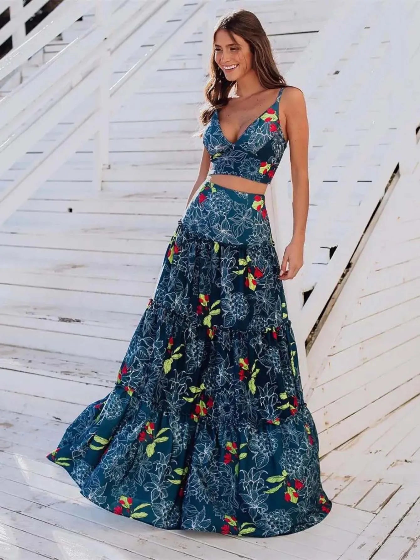 Women's Print Beach Two Piece Skirt White Bra High Waist A-line Long Skirt Beach Set