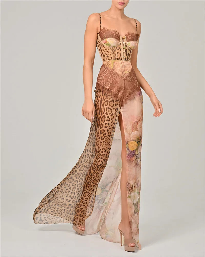 Women's Leopard Print Lace Split Maxi Gown Elegant Patchwork Chiffon Sleeveless Backless Beach Evening Dress