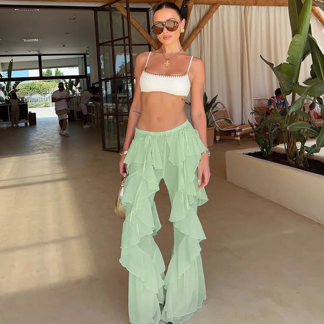 Women's Ruffled Tie Detail Flared Pants - Mesh Sheer Stretch Trousers