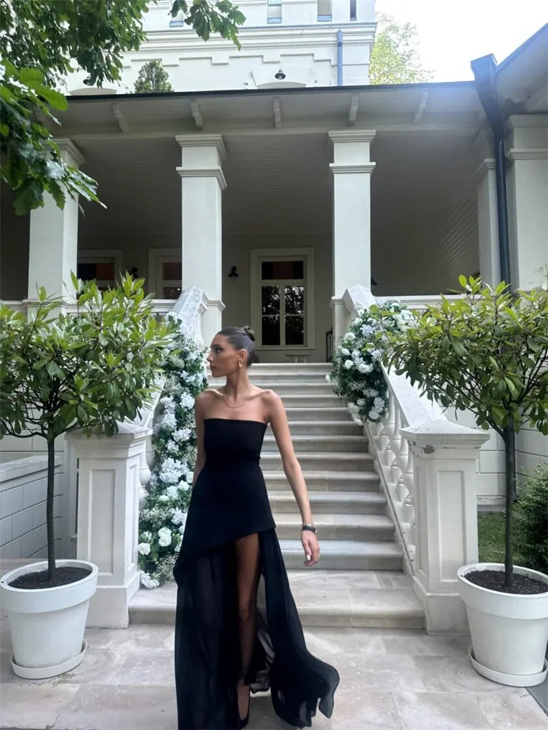 Women's Elegant Strapless Maxi Gown With Scarf Off-shoulder Sleeveless Backless Split Beach Long Dress