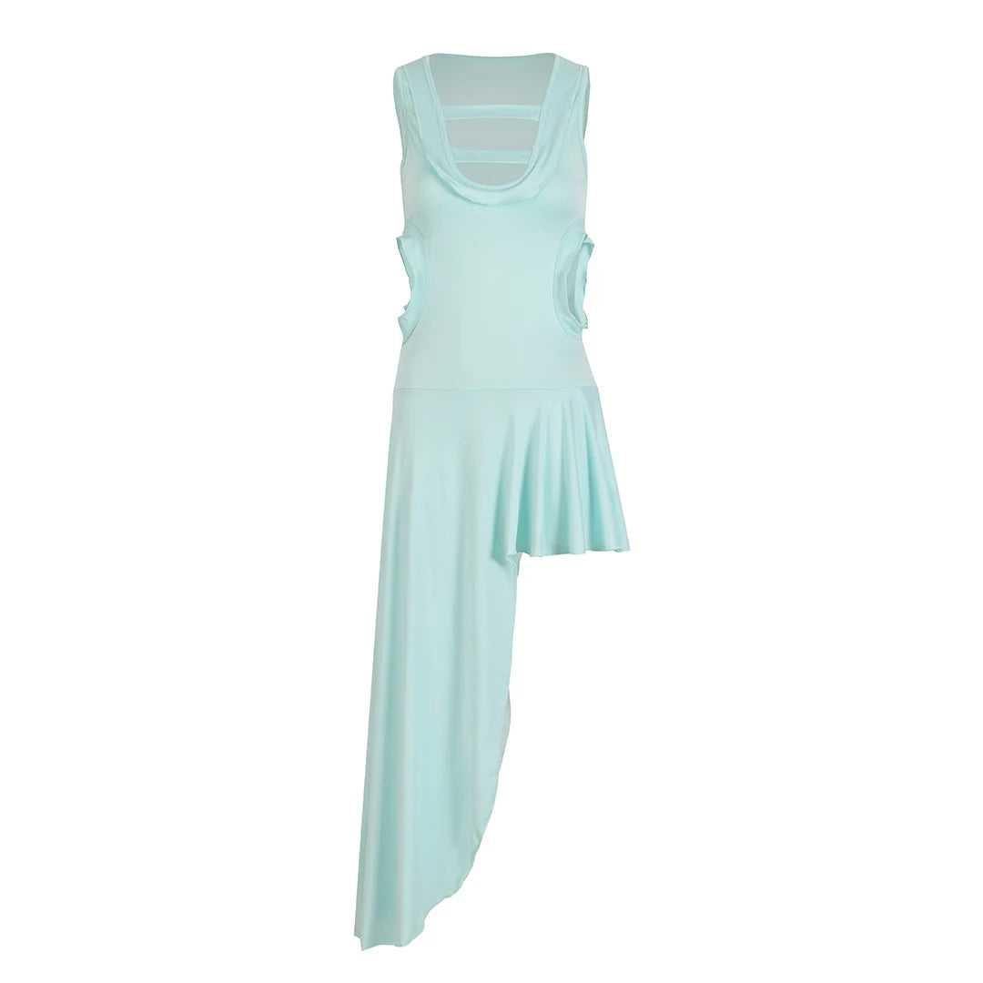 Women's Flounced Edge Round-neck Sleeveless Naked Waist Irregular Swing Long Dress