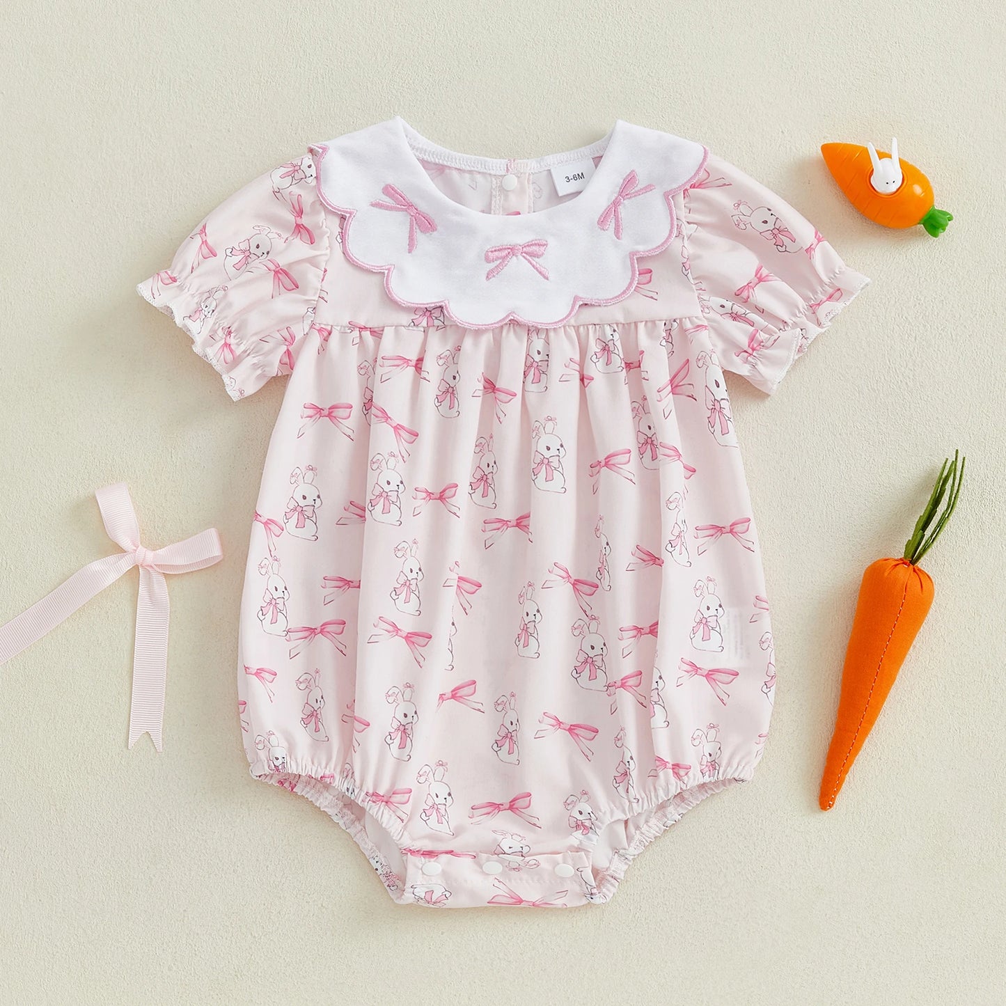 Easter Baby Girls Cute Romper - 3 Style Rabbit Bow Print Doll Collar Ruffle Short Sleeve Bodysuit (0-18M)