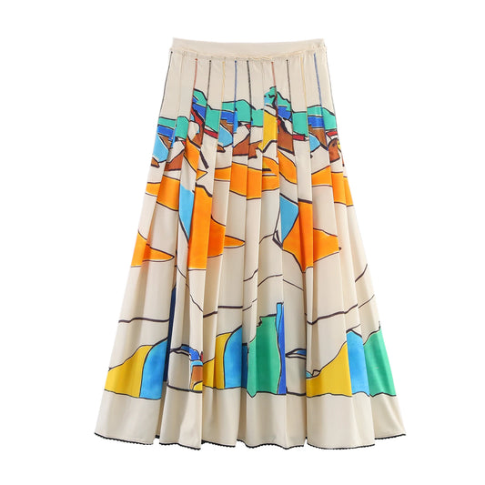 Women's Wide Pleated Printed Skirt - Fashionable Mid-Length Summer Style