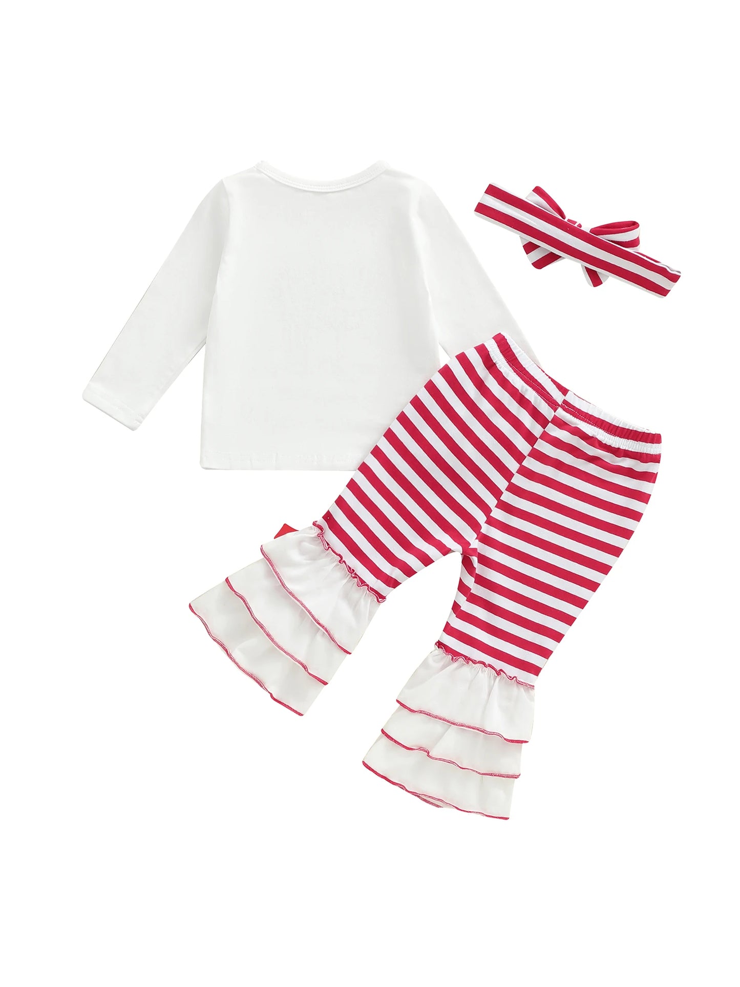 Baby Girls Christmas Outfit Set - Candy Cane Embroidery Long Sleeve Top, Flared Pants & Headband (0-3Y)