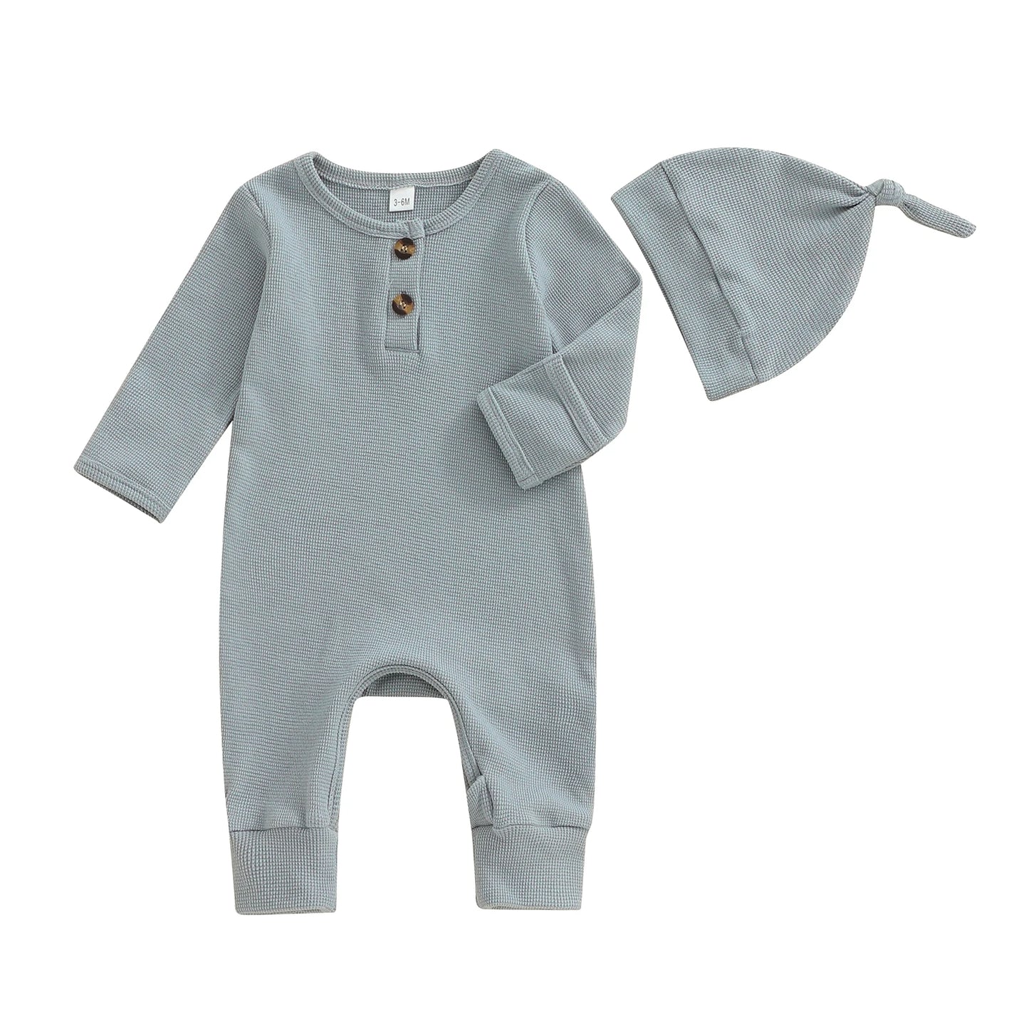 Newborn Baby Fall Winter Romper - Long Sleeve Solid Jumpsuit with Hat (0-6M)